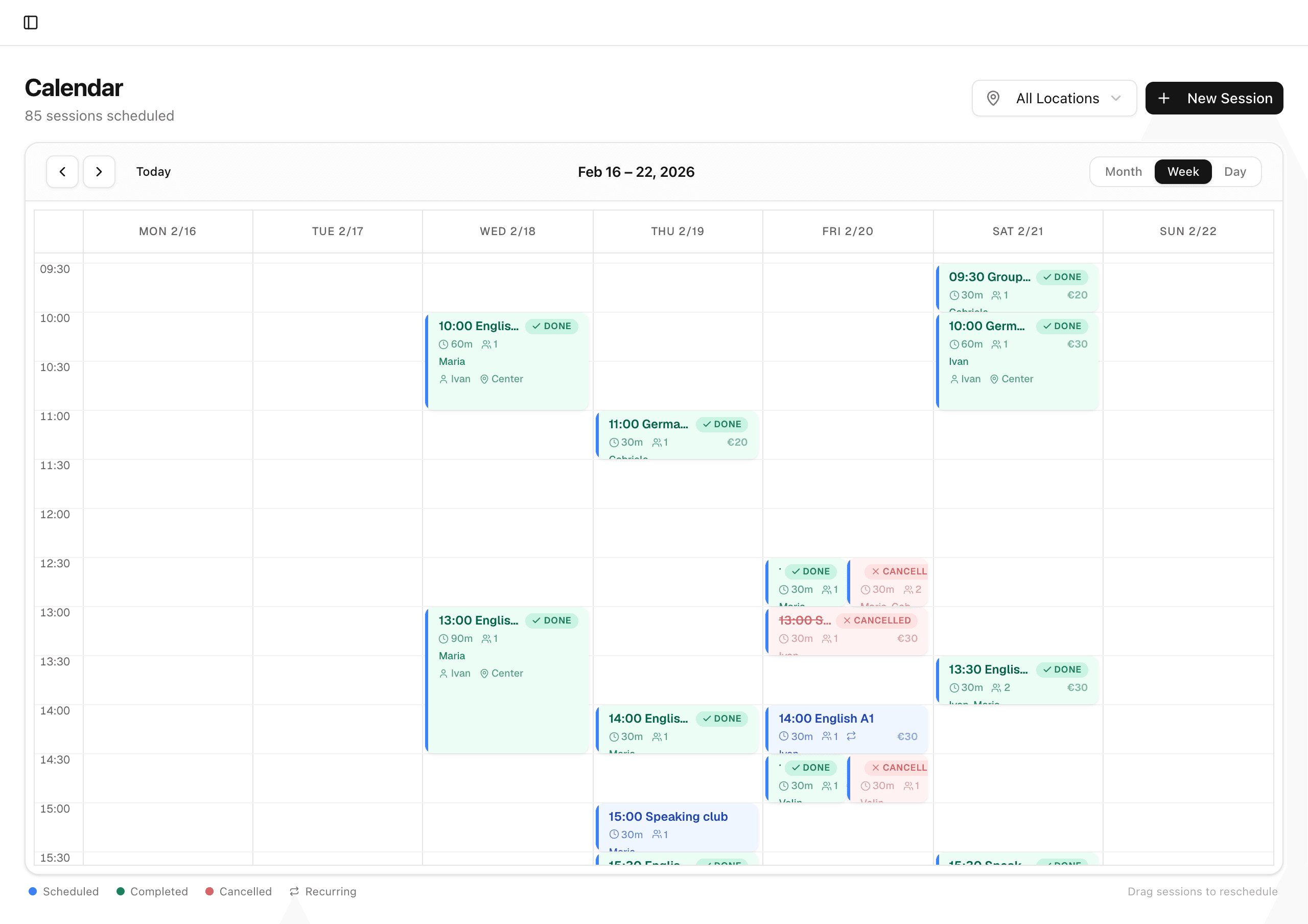 Your whole week at a glance: Sessions laid out in a clean weekly calendar, colour-coded by status, with the price right on each event. Create, move or cancel in a click.