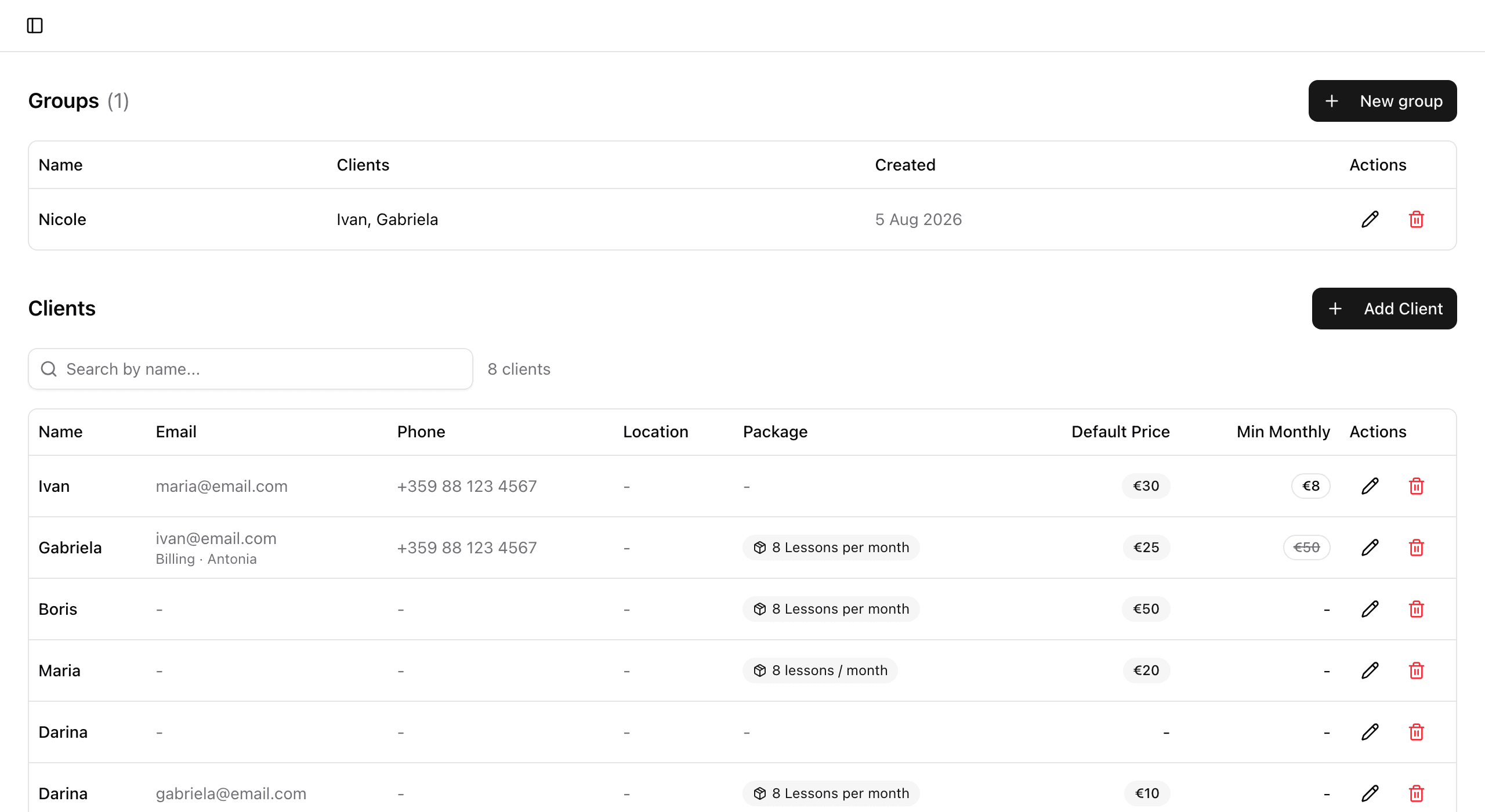 A client list that runs itself: Names, prices, balances and history in one place. Every session and invoice files itself under the right person automatically.