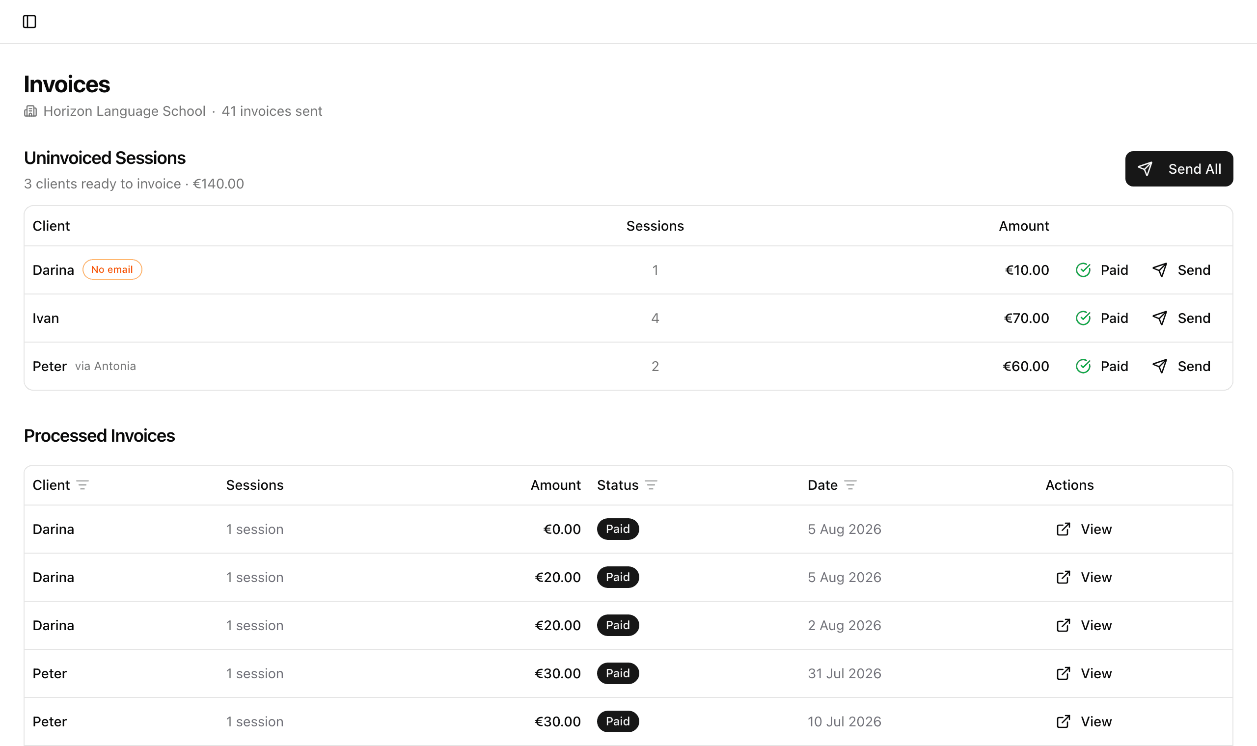 From session to invoice in seconds: Kassy shows which sessions aren't billed yet, builds the invoice in one click, and tracks who has paid and who needs a nudge.