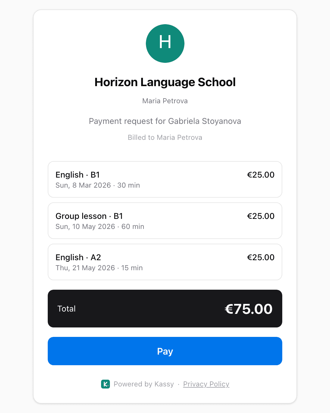 A payment page clients actually like: Every invoice links to a clean page where clients see what they owe and pay online in seconds - no account, no app, no printing.